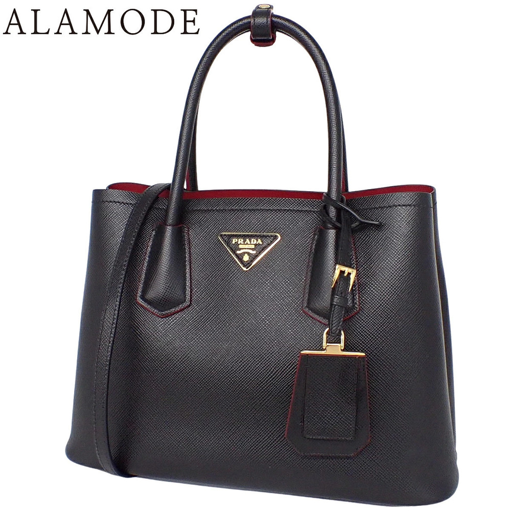 Prada Double Bag Saffiano Leather Cuir Fuoco 2Way Crossbody Bag Nero Black